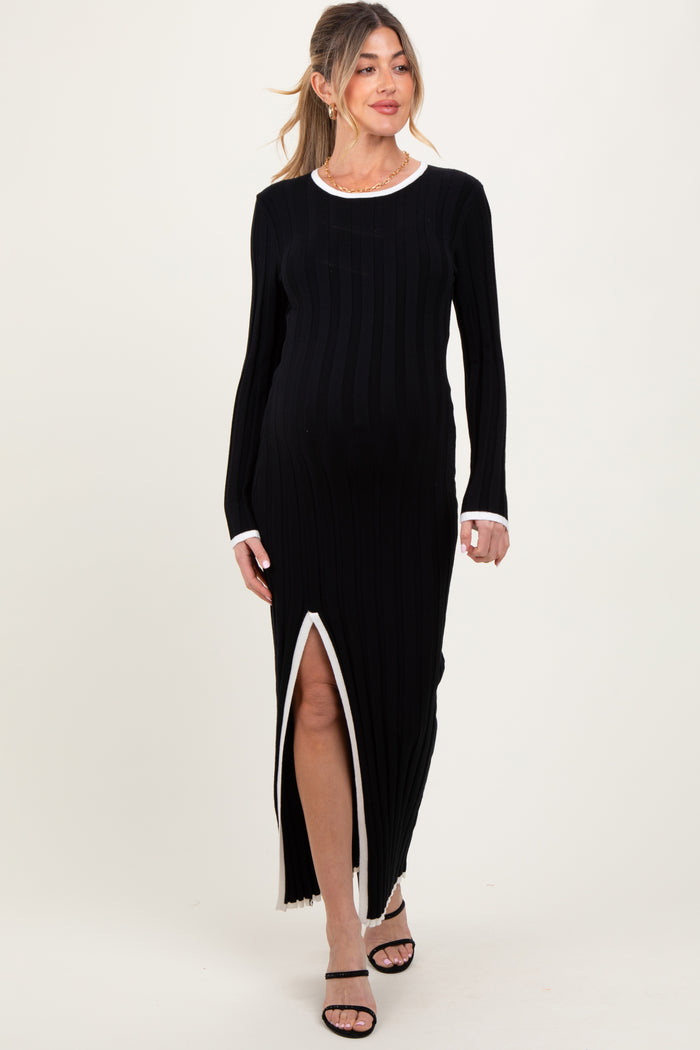 Black Wide Ribbed Knit Side Slit Maternity Maxi Dress