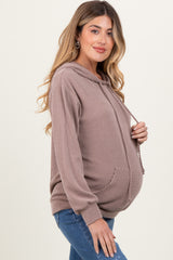 Taupe Ribbed Basic Drawstring Maternity Hoodie