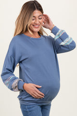 Blue Multicolor Trim French Terry Maternity Sweatshirt