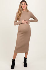 Light Taupe Mock Neck Fitted Ribbed Knit Maternity Midi Dress