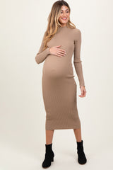 Light Taupe Mock Neck Fitted Ribbed Knit Maternity Midi Dress