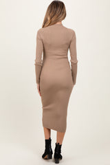 Light Taupe Mock Neck Fitted Ribbed Knit Maternity Midi Dress