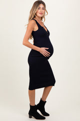 Navy Ribbed Fitted Sleeveless Snap Button Maternity Dress