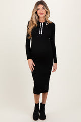 Black Contrast Trim Ribbed Knit Button Up Maternity Midi Dress