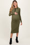 Olive Contrast Trim Ribbed Knit Button Up Maternity Midi Dress