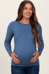 Blue Basic Long Sleeve Maternity Top