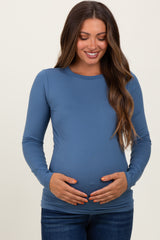 Blue Basic Long Sleeve Maternity Top