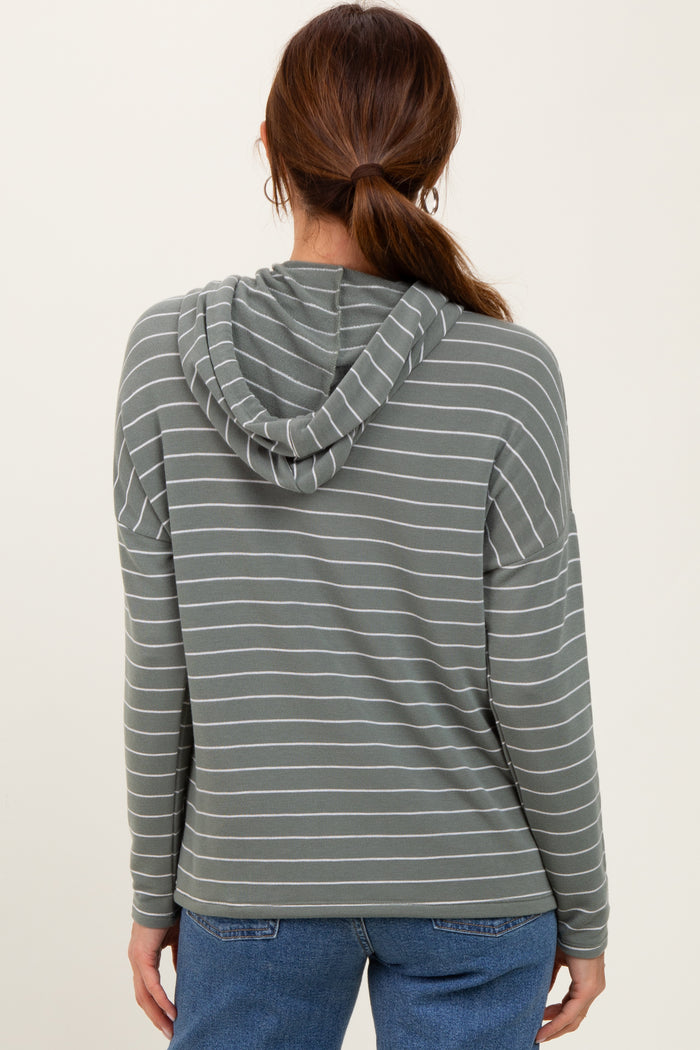 Olive Striped Drawstring Hoodie Top