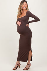 Mocha Long Sleeve Side Slit Maternity Maxi Dress