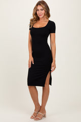 Black Square Neck Side Slit Midi Dress