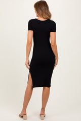 Black Square Neck Side Slit Midi Dress