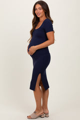 Navy Square Neck Side Slit Maternity Midi Dress