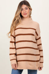 Camel Striped Oversized Mock Neck Maternity Sweater