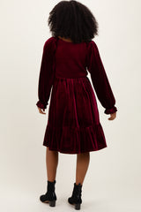 Burgundy Velvet Smocked Long Sleeve Dress