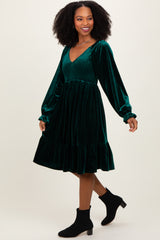 Forest Green Velvet Smocked Long Sleeve Dress