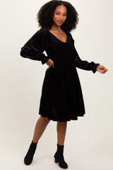 Black Velvet Smocked Long Sleeve Dress