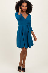 Teal 3/4 Sleeve Nursing Sash Tie Wrap Dress