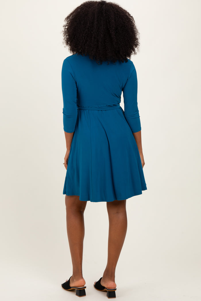 Teal 3/4 Sleeve Nursing Sash Tie Wrap Dress