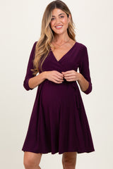 Purple 3/4 Sleeve Maternity/Nursing Sash Tie Wrap Dress