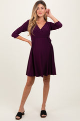 Purple 3/4 Sleeve Maternity/Nursing Sash Tie Wrap Dress