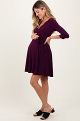 Purple 3/4 Sleeve Maternity/Nursing Sash Tie Wrap Dress