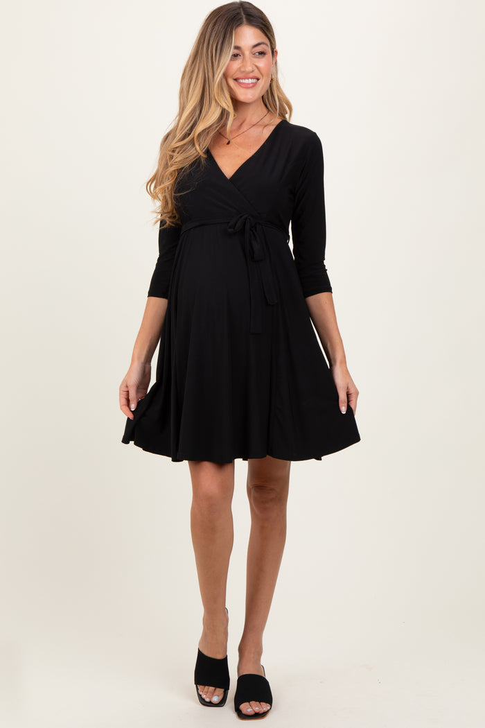 Black 3/4 Sleeve Maternity/Nursing Sash Tie Wrap Dress