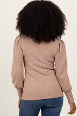 Mocha Ribbed Mock Neck Bubble Sleeve Top