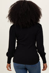 Black Ribbed Mock Neck Bubble Sleeve Top