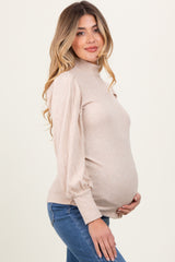 Beige Ribbed Mock Neck Bubble Sleeve Maternity Top