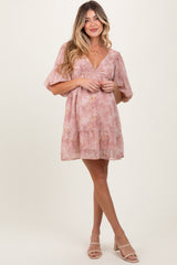 Pink Watercolor Floral Back Tie Puff Sleeve Maternity Dress