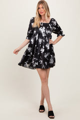 Black Satin Floral Square Neck Mini Dress