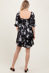 Black Satin Floral Square Neck Mini Dress