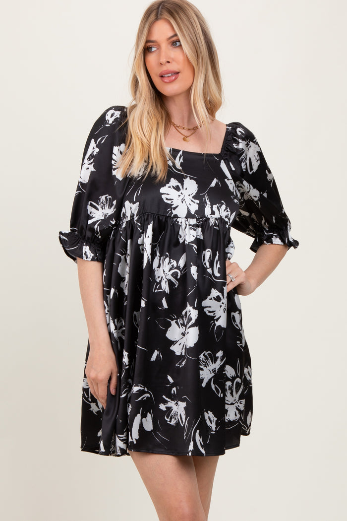 Black Satin Floral Square Neck Maternity Mini Dress