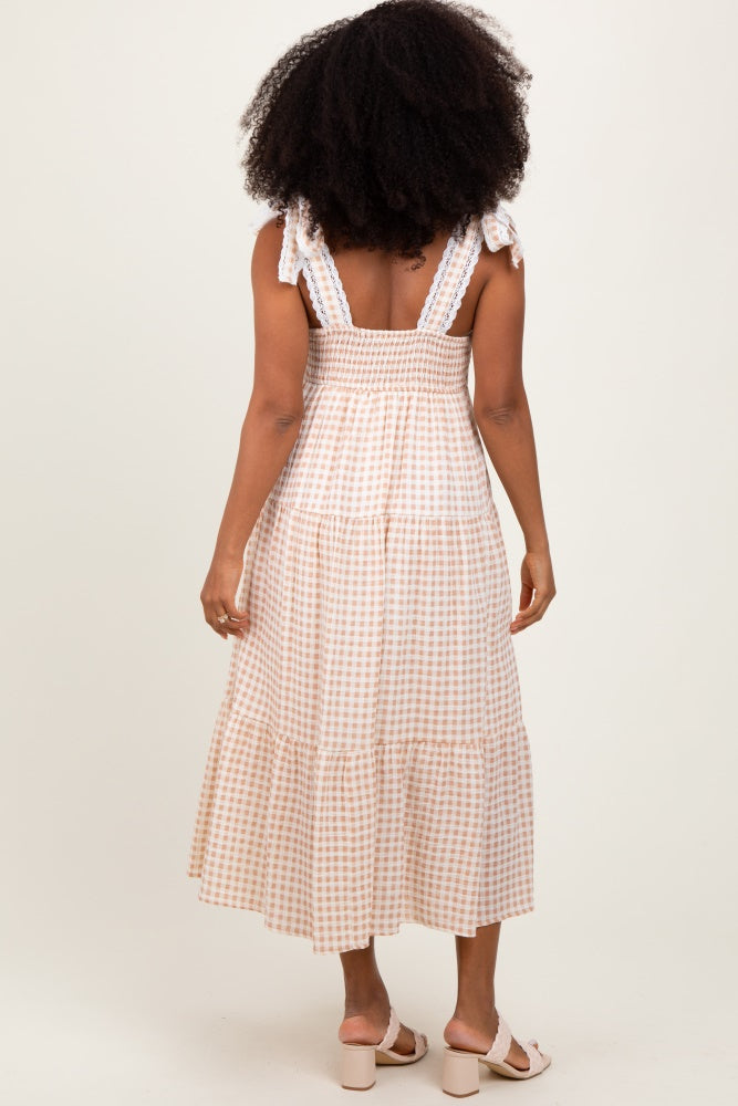 Camel Gingham Lace Trim Shoulder Tie Maxi Dress