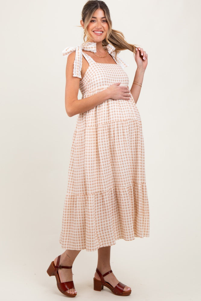 Camel Gingham Lace Trim Shoulder Tie Maternity Maxi Dress