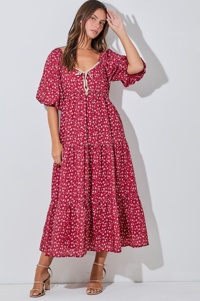 Red Floral Puff Sleeve Tiered Maternity Maxi Dress
