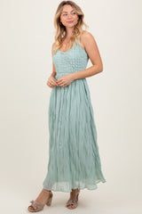 Light Olive Textured Smocked Bodice Sleeveless Maxi Dress