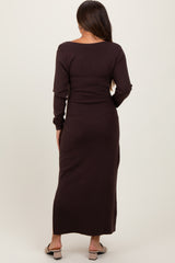 Brown Wrap Side Slit Midi Sweater Maternity Dress