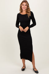 Black Knit Side Slit Lettuce Trim Maternity Maxi Dress