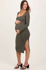 Olive Knit Square Neck Side Slit Maternity Midi Dress