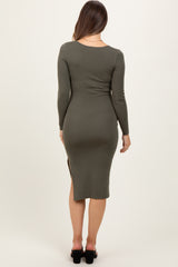 Olive Knit Square Neck Side Slit Maternity Midi Dress