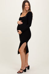 Black Knit Square Neck Side Slit Maternity Midi Dress