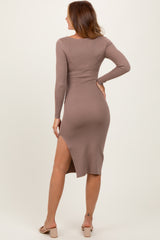 Taupe Knit Square Neck Side Slit Midi Dress