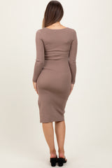 Taupe Knit Square Neck Side Slit Maternity Midi Dress