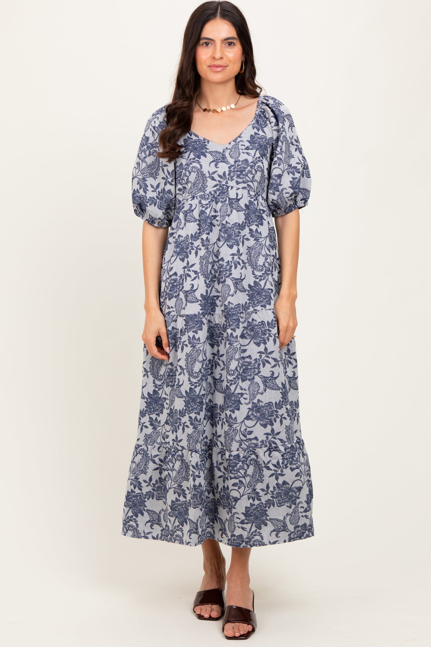 Navy Floral Tiered Puff Sleeve Midi Dress