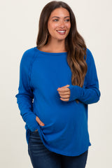 Blue Exposed Seam Thumbhole Long Sleeve Maternity Top