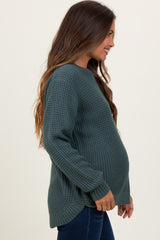 Dark Jade Waffle Knit Rounded Hem Maternity Sweater