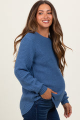 Dark Periwinkle Waffle Knit Rounded Hem Maternity Sweater