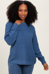 Dark Periwinkle Waffle Knit Rounded Hem Maternity Sweater