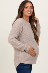 Dark Beige Waffle Knit Rounded Hem Maternity Sweater